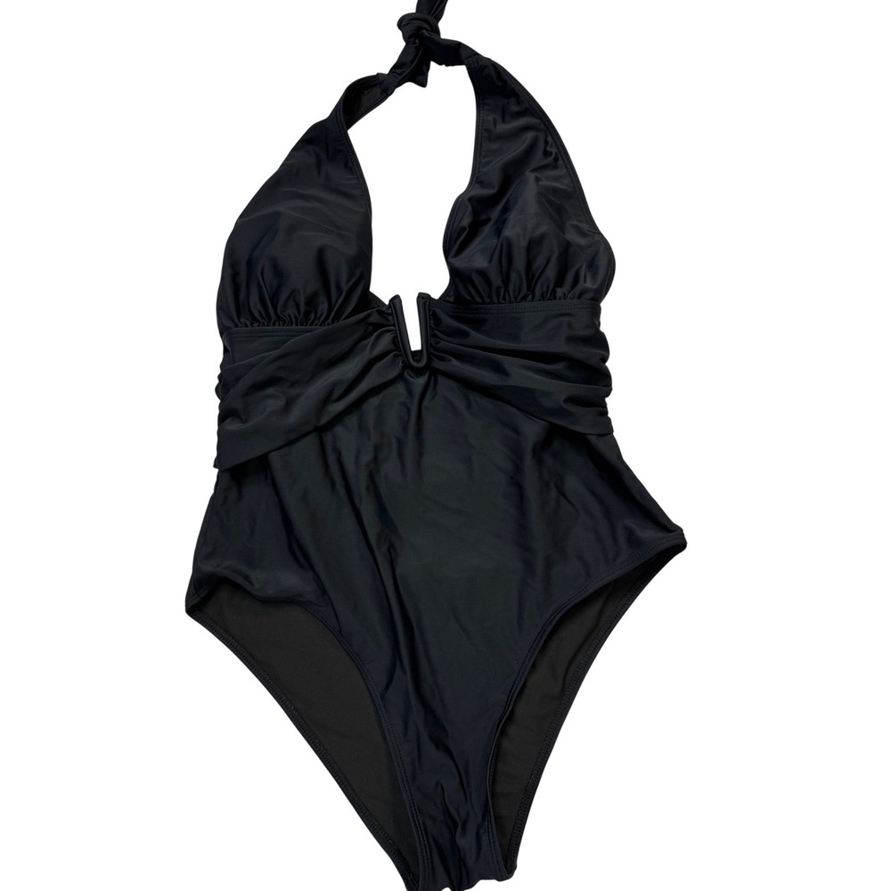 Black Halter One Piece‎ Swimsuit Ruched V-Wire Neckline Size Large